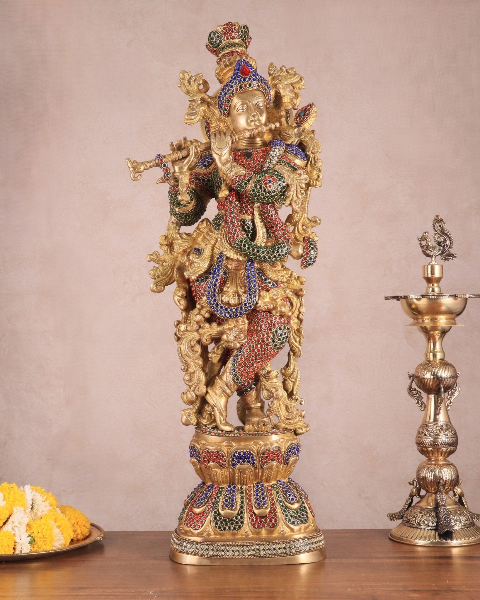Brass Handcrafted Krishna Statue - 30" jewel work | 100% Certified Copper & Brass - Sama Homes Idol - Brass Sculpture - Eco-friendly - Sama Homes
