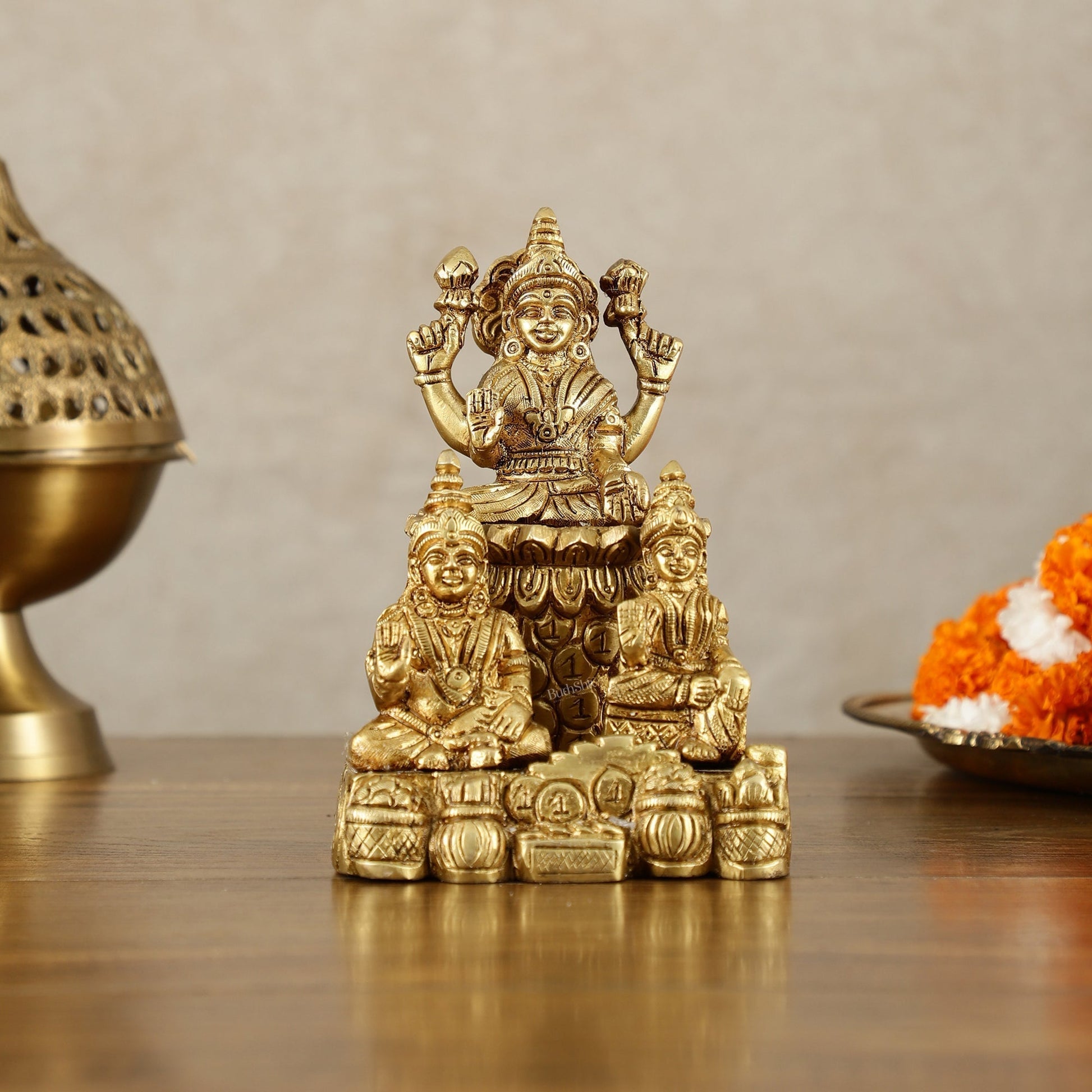 Brass Handcrafted Lord Kuber with Goddess Lakshmi and Chitralekha | Wealth and Prosperity Idol | 6" Height | 100% Certified Copper & Brass - Sama Homes Idol - Brass Sculpture - Eco-friendly - Sama Homes