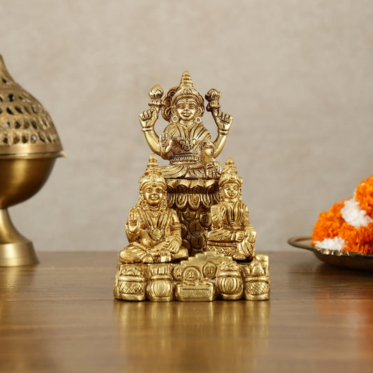 Brass Handcrafted Lord Kuber with Goddess Lakshmi and Chitralekha | Wealth and Prosperity Idol | 6" Height | 100% Certified Copper & Brass - Sama Homes Idol - Brass Sculpture