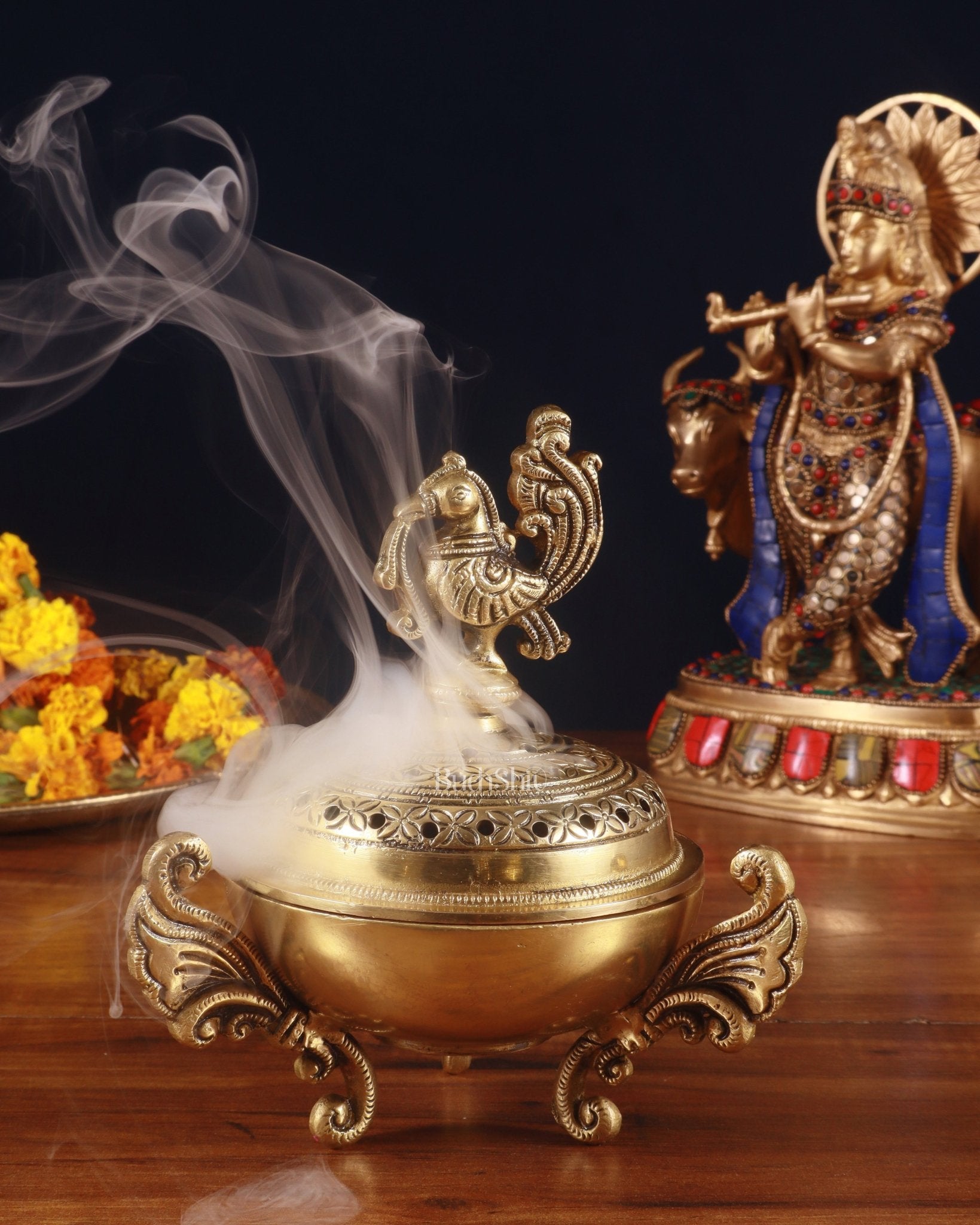 Brass Handcrafted Peacock Dhoop Dhani | Loban and Dhoop Burner 7 inch - Eco-friendly - Sama Homes