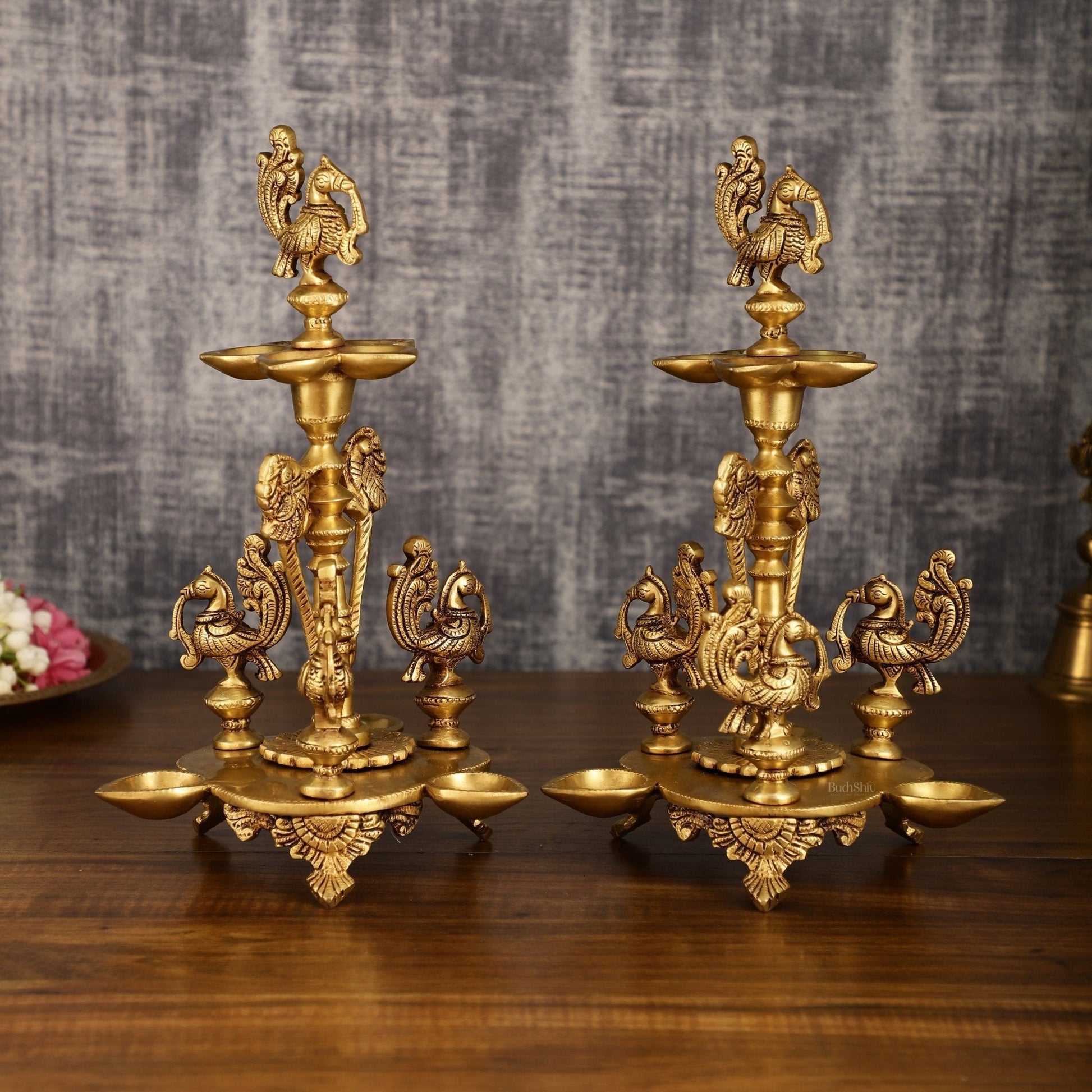 Brass Handcrafted Peacock Diya with Eight Diyas | 12 Inch Height - Eco-friendly - Sama Homes