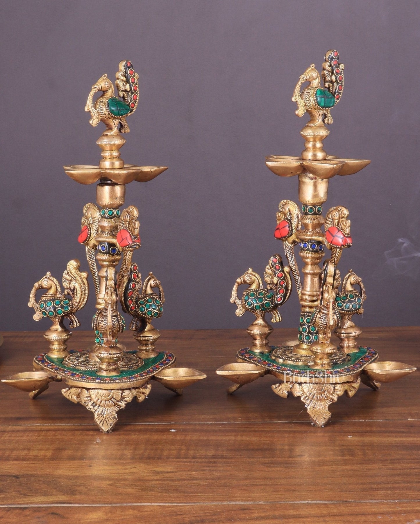 Brass Handcrafted Peacock Diya with Eight Diyas | 12 Inch