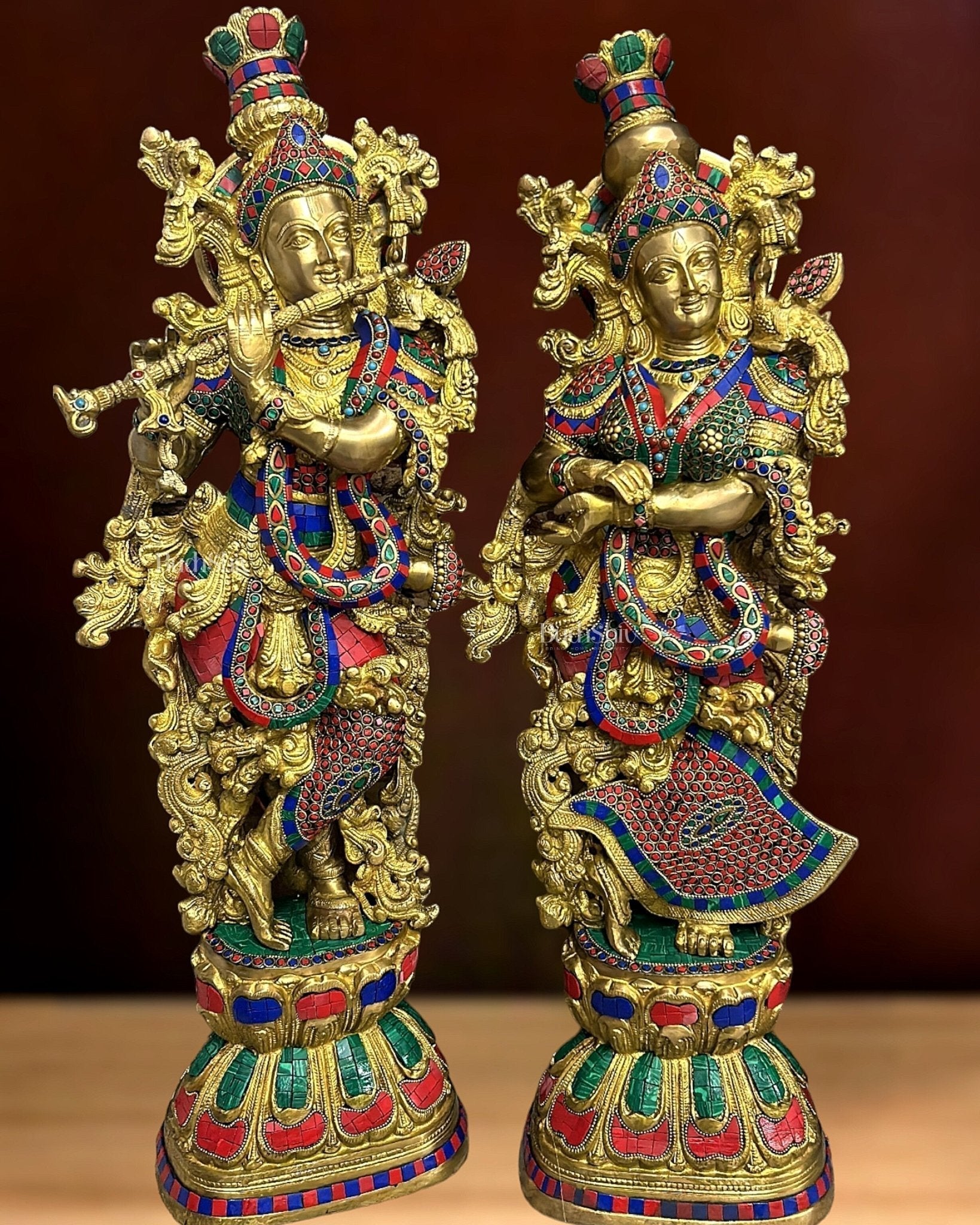 Brass Handcrafted Radha Krishna Idols with Beautiful Meenakari Stonework - 29" Tall, 33 kg Pair | 100% Certified Copper & Brass - Sama Homes Idol - Brass Sculpture - Eco-friendly - Sama Homes