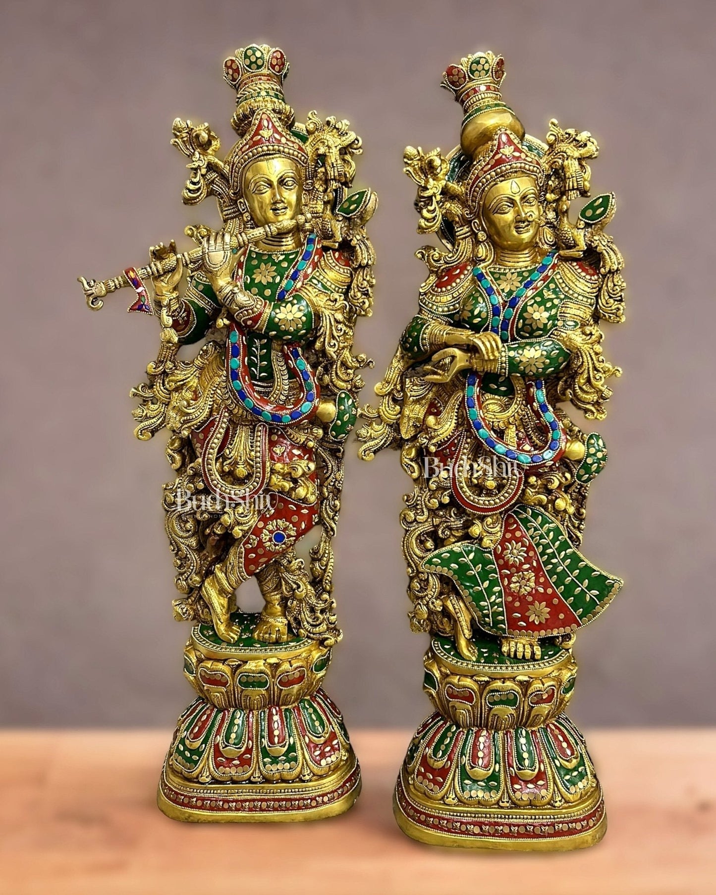 Brass Handcrafted Radha Krishna Idols with Meenakari Stonework - 29" Tall, 33 kg Pair | 100% Certified Copper & Brass - Sama Homes Idol - Brass Sculpture