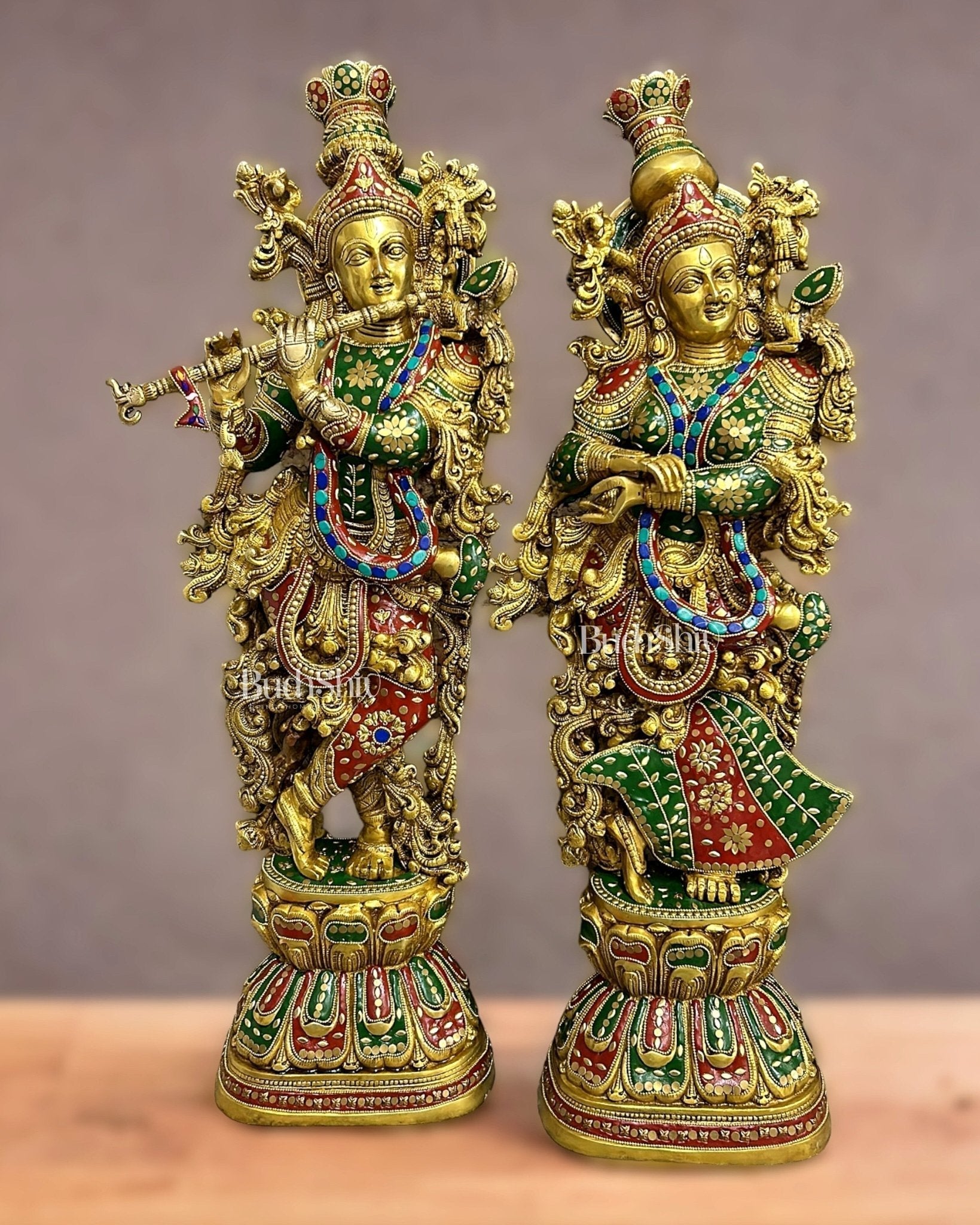 Brass Handcrafted Radha Krishna Idols with Meenakari Stonework - 29" Tall, 33 kg Pair | 100% Certified Copper & Brass - Sama Homes Idol - Brass Sculpture - Eco-friendly - Sama Homes