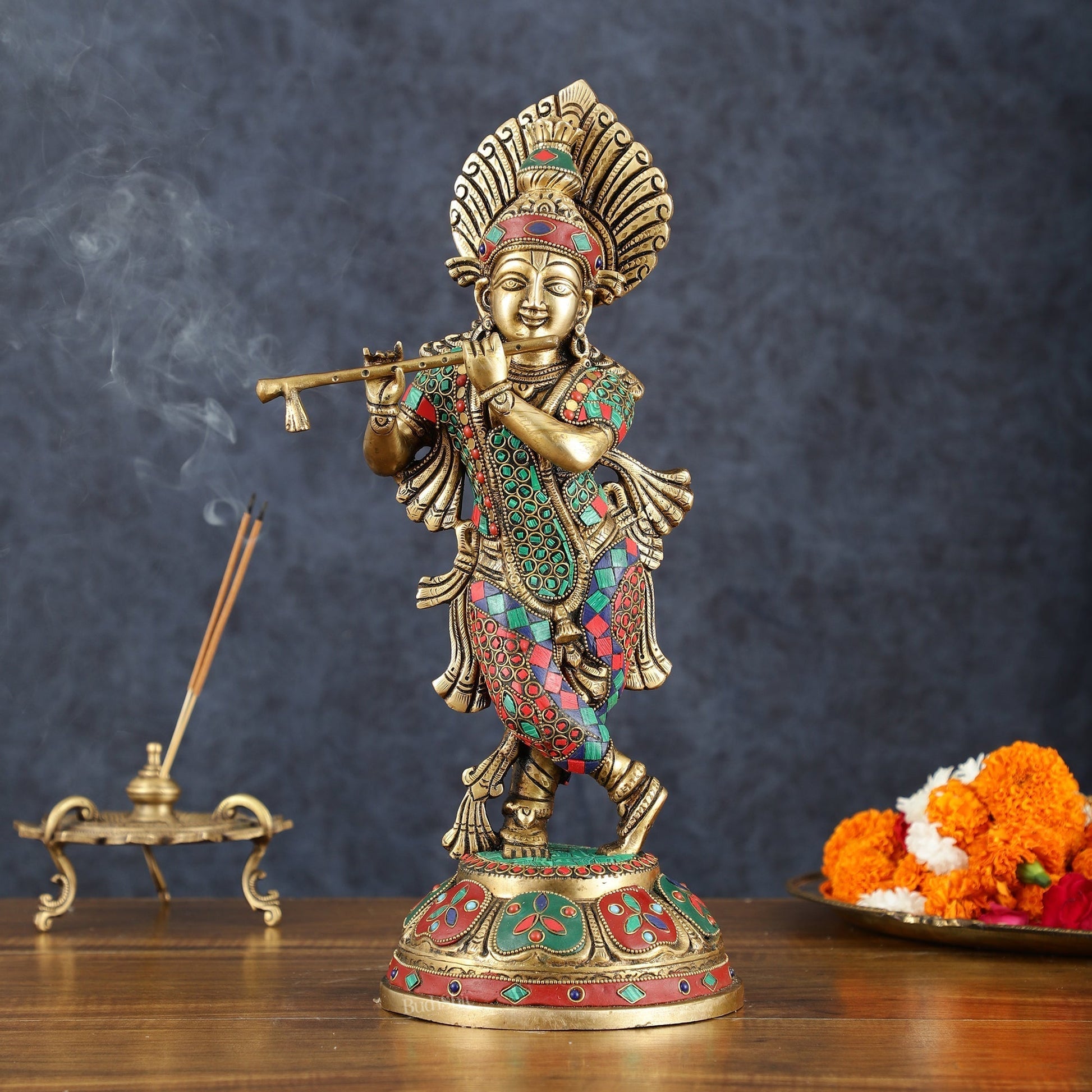 Brass Handcrafted Shri Krishna idol - 15 " stonework | 100% Certified Copper & Brass - Sama Homes Idol - Brass Sculpture - Eco-friendly - Sama Homes
