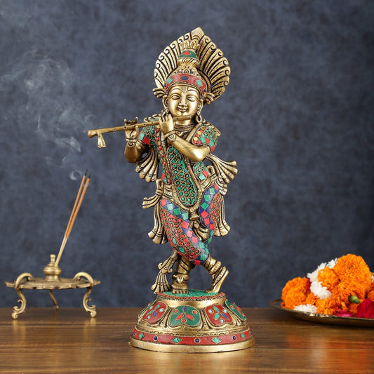 Brass Handcrafted Shri Krishna idol - 15 " stonework | 100% Certified Copper & Brass - Sama Homes Idol - Brass Sculpture