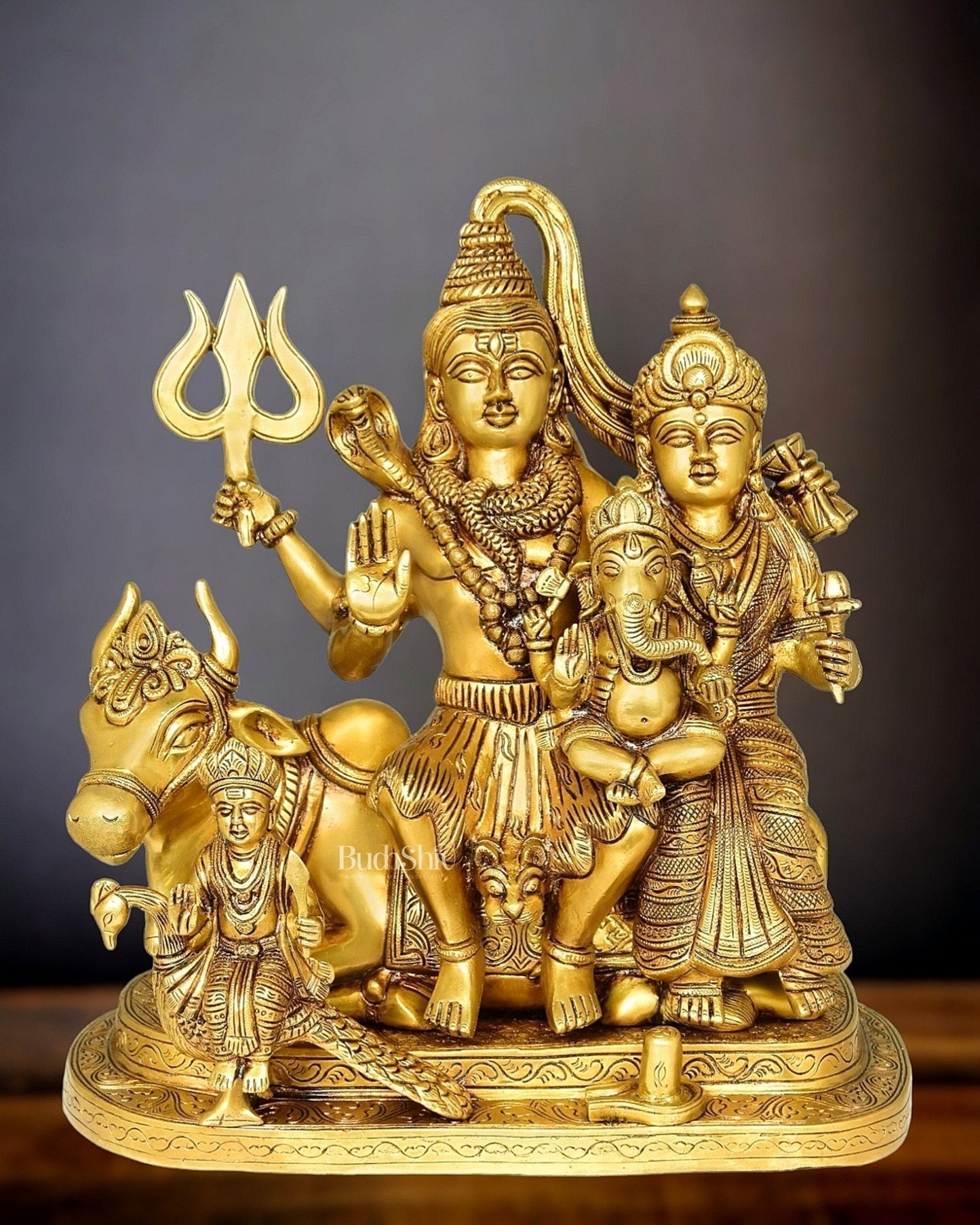 Brass Handcrafted Superfine Lord Shiva Parivar Idol | 14" Height | 100% Certified Copper & Brass - Sama Homes Idol - Brass Sculpture