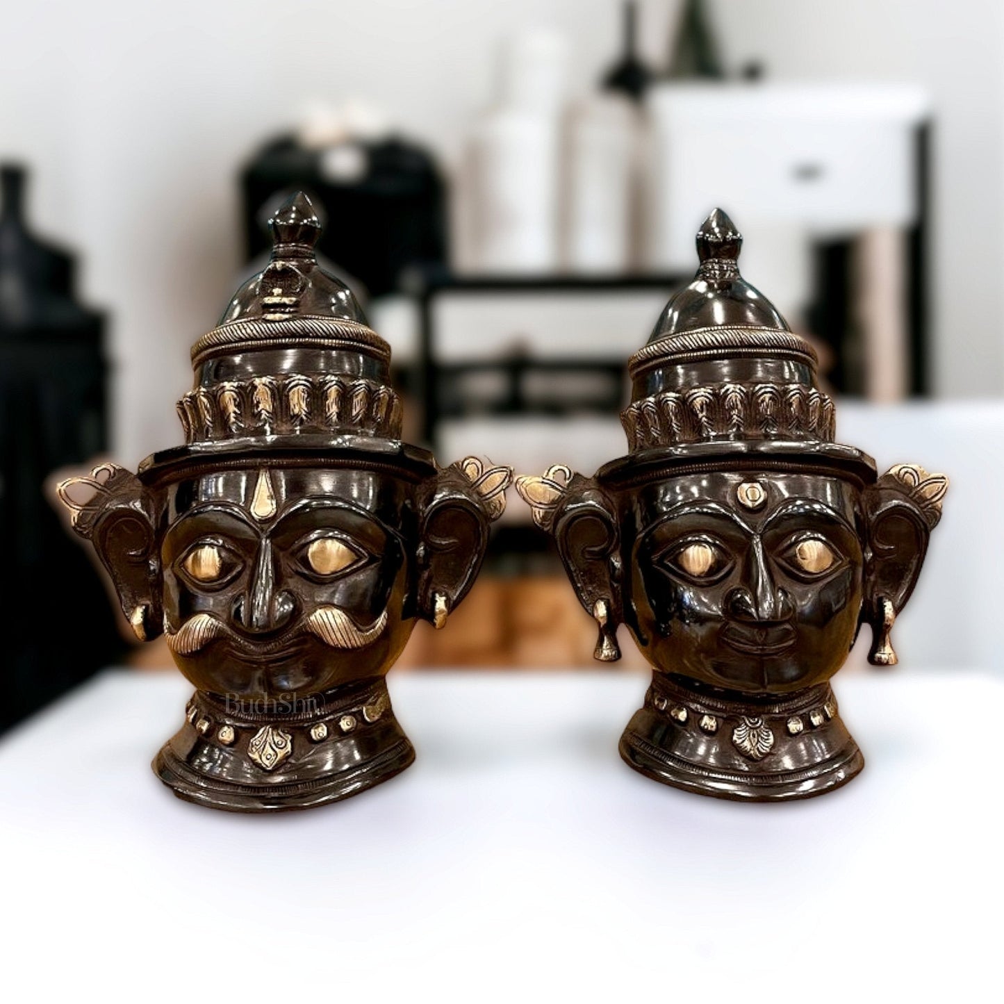 Brass Handcrafted Traditional and Antique Shiva and Gauri Mukhalingam | 9.5" Height | 100% Certified Copper & Brass - Sama Homes Idol - Brass Sculpture