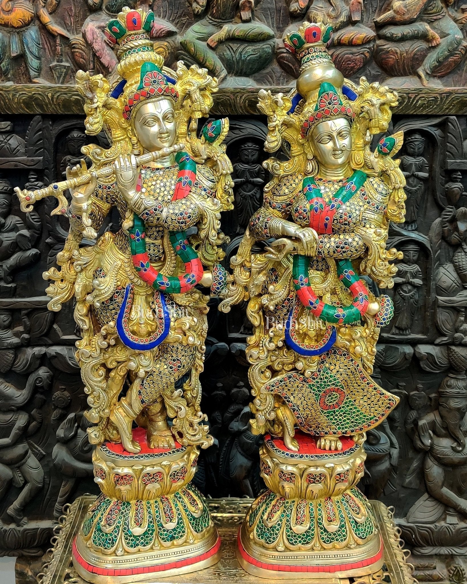 Brass Handmade Radha Krishna Idol Pair with Meenakari Stonework - 30 Inch | 100% Certified Copper & Brass - Sama Homes Idol - Brass Sculpture - Eco-friendly - Sama Homes