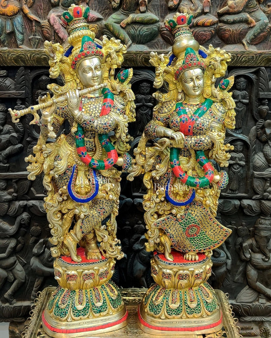 Brass Handmade Radha Krishna Idol Pair with Meenakari Stonework - 30 Inch | 100% Certified Copper & Brass - Sama Homes Idol - Brass Sculpture