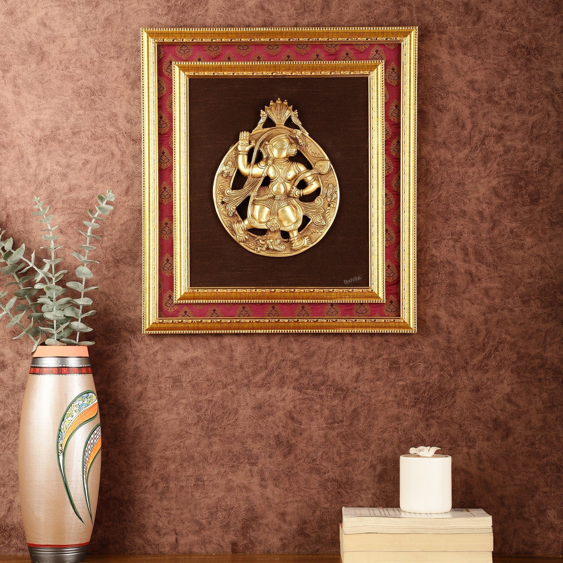 Brass Hanuman Hanging on Wooden Frame with Premium Fabric - 17" x 15" | 100% Certified Copper & Brass - Sama Homes Idol - Brass Sculpture - Eco-friendly - Sama Homes