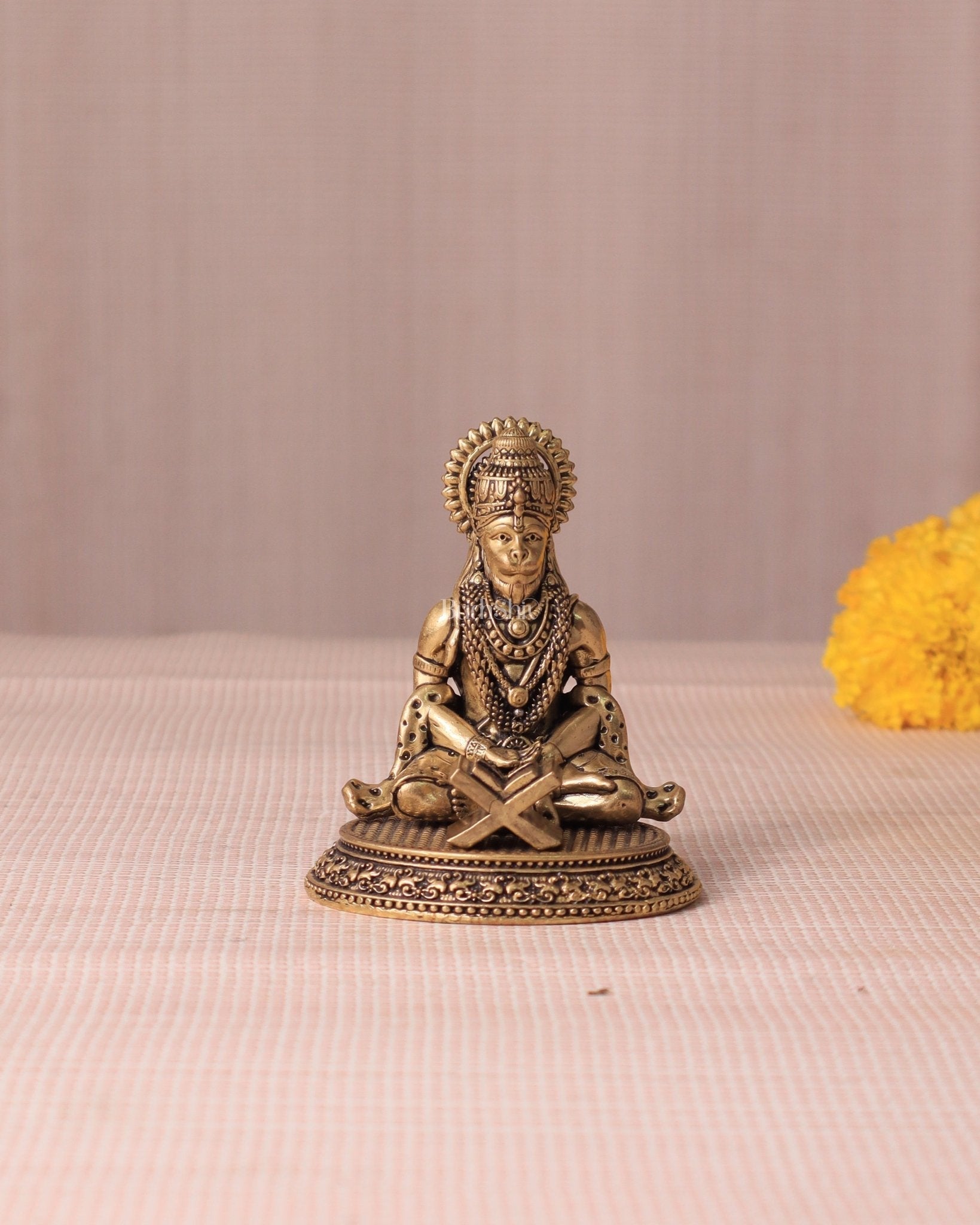 Brass Hanuman in Meditation with Ram Naam Book - 3.5" | 100% Certified Copper & Brass - Sama Homes Idol - Brass Sculpture - Eco-friendly - Sama Homes