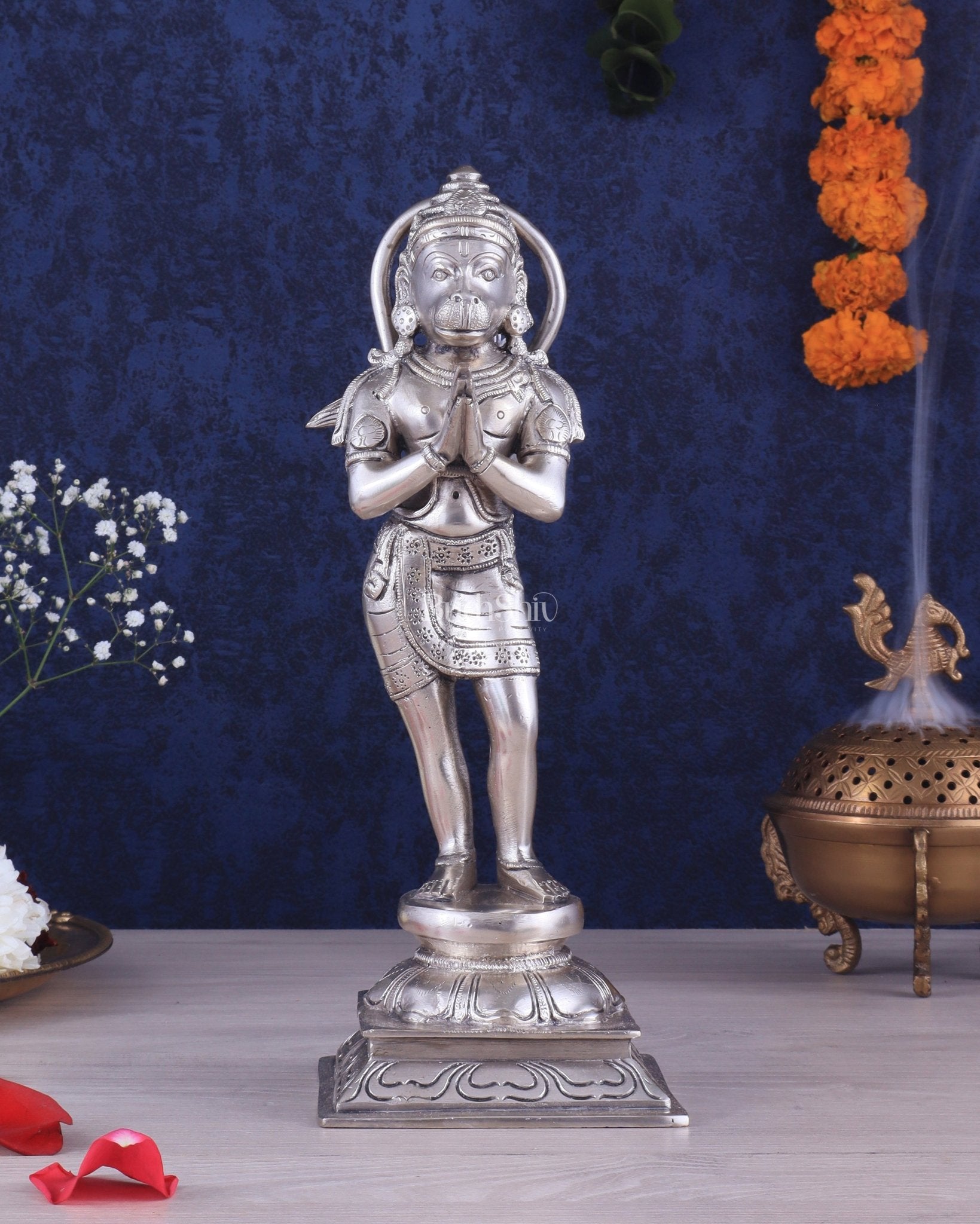 Brass Hanuman in Namaskaram anjali Mudra Statue 12 inch silver plated | 100% Certified Copper & Brass - Sama Homes Idol - Brass Sculpture - Eco-friendly - Sama Homes