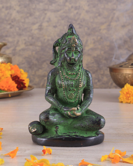 Brass Hanuman Ji in Meditation – Antique Black & Green Tone 5" | 100% Certified Copper & Brass - Sama Homes Idol - Brass Sculpture