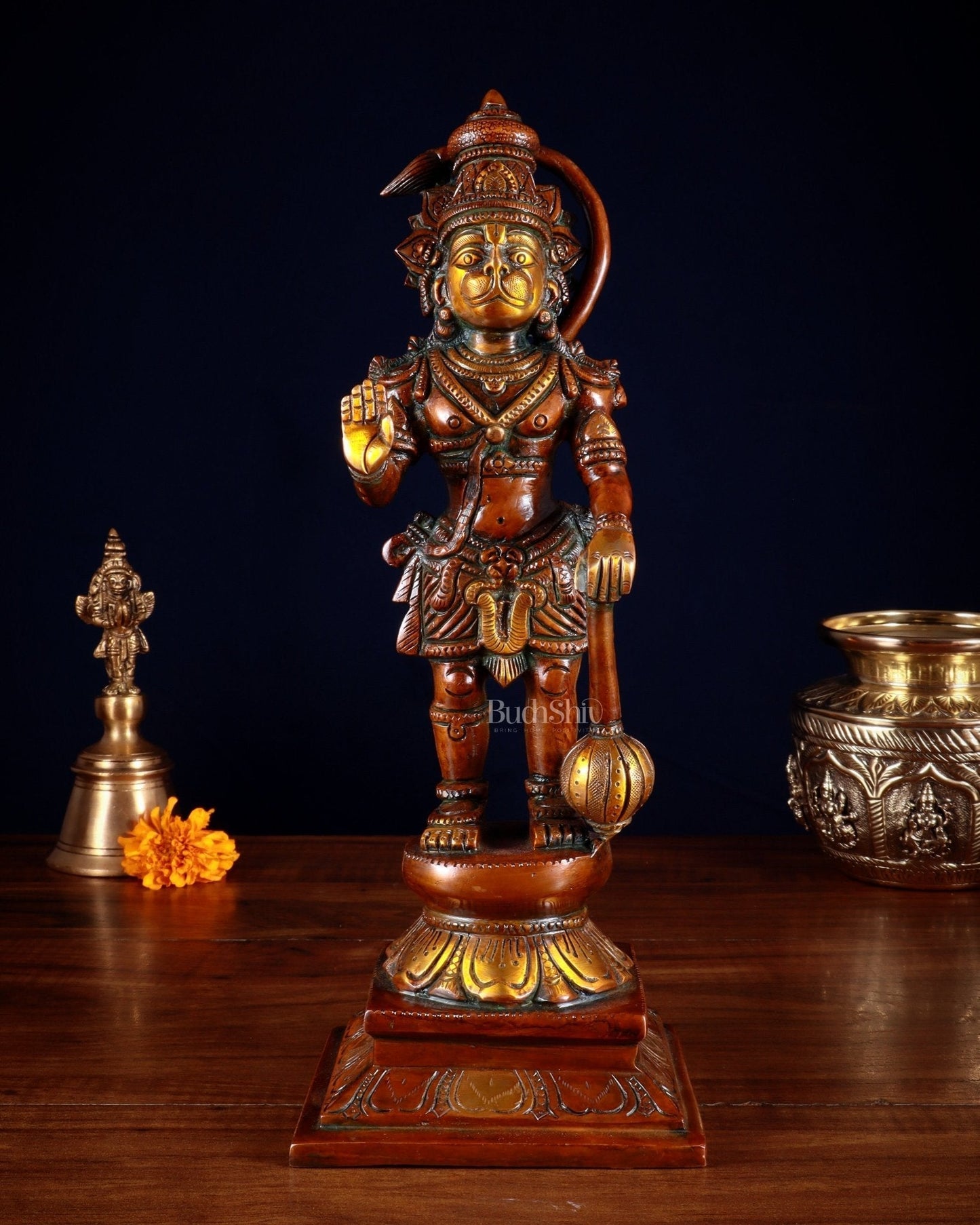 Brass Hanuman Ji Statue in Blessing Mudra 12" indian copper patina tone | 100% Certified Copper & Brass - Sama Homes Idol - Brass Sculpture