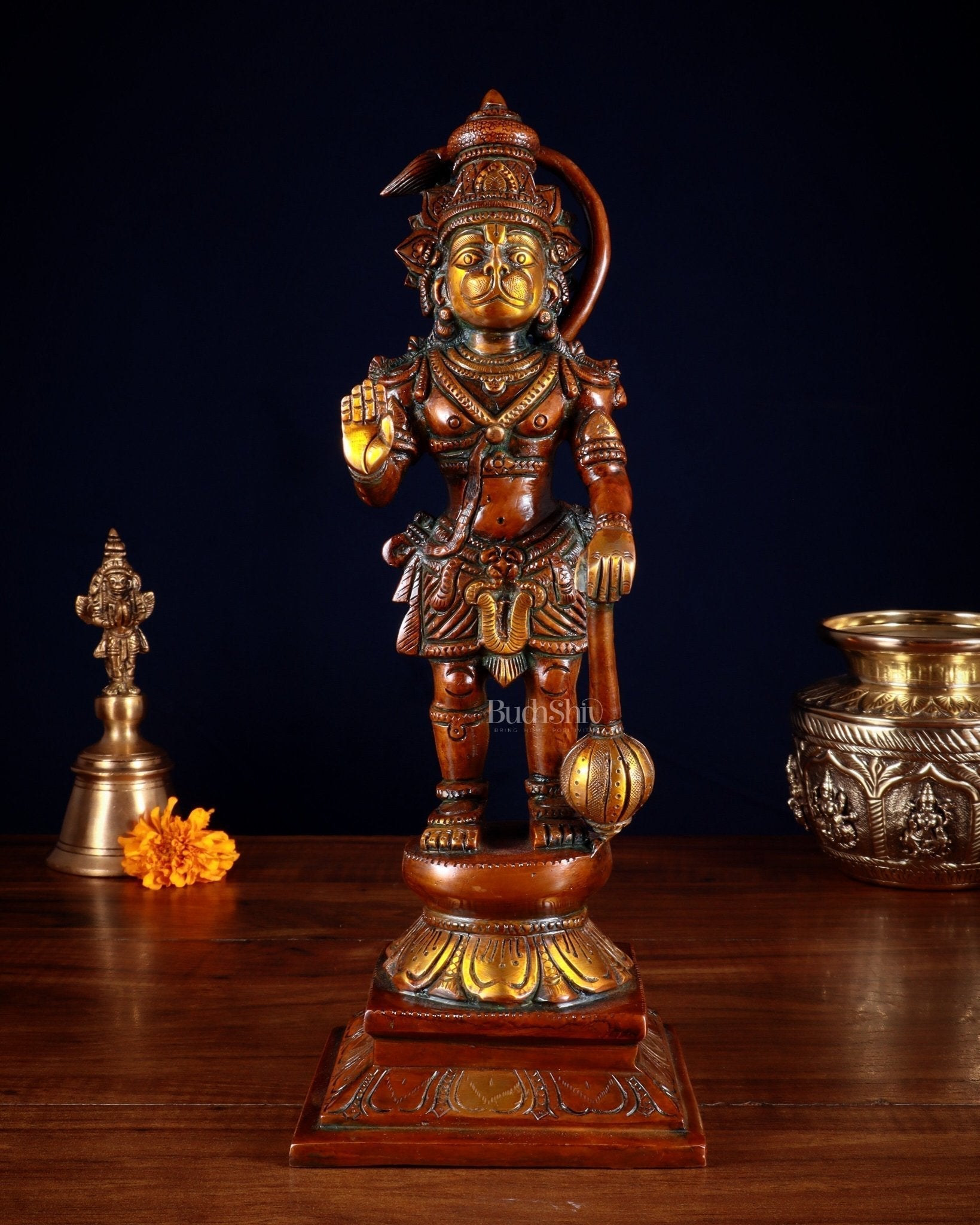 Brass Hanuman Ji Statue in Blessing Mudra 12" indian copper patina tone | 100% Certified Copper & Brass - Sama Homes Idol - Brass Sculpture - Eco-friendly - Sama Homes