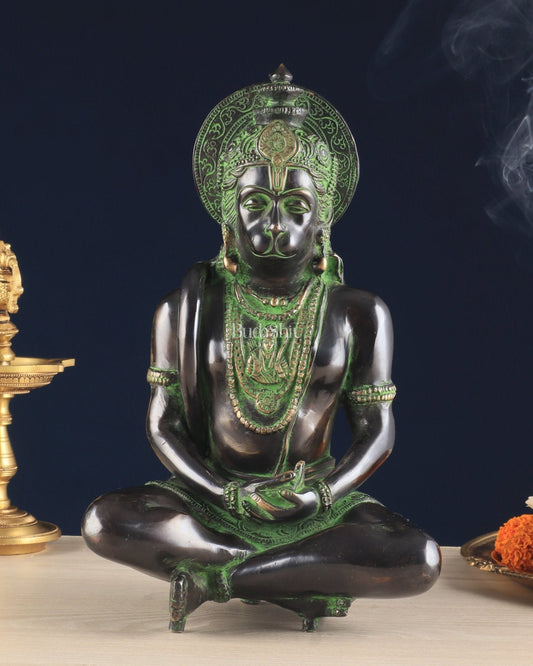 Brass Hanuman meditation idol | 11" black green | 100% Certified Copper & Brass - Sama Homes Idol - Brass Sculpture