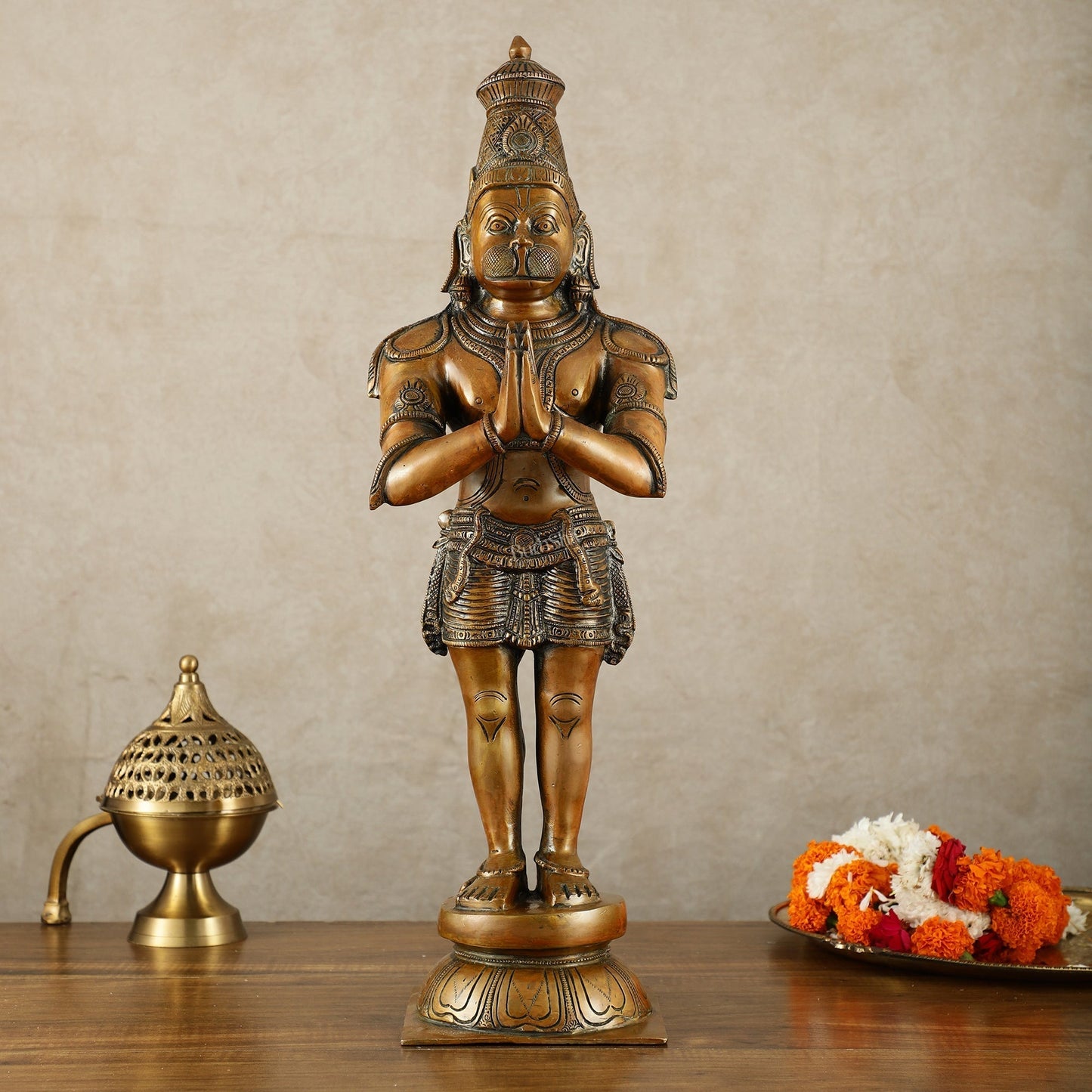 Brass Hanuman Statue in Anjali Mudra 22 inch | 100% Certified Copper & Brass - Sama Homes Idol - Brass Sculpture