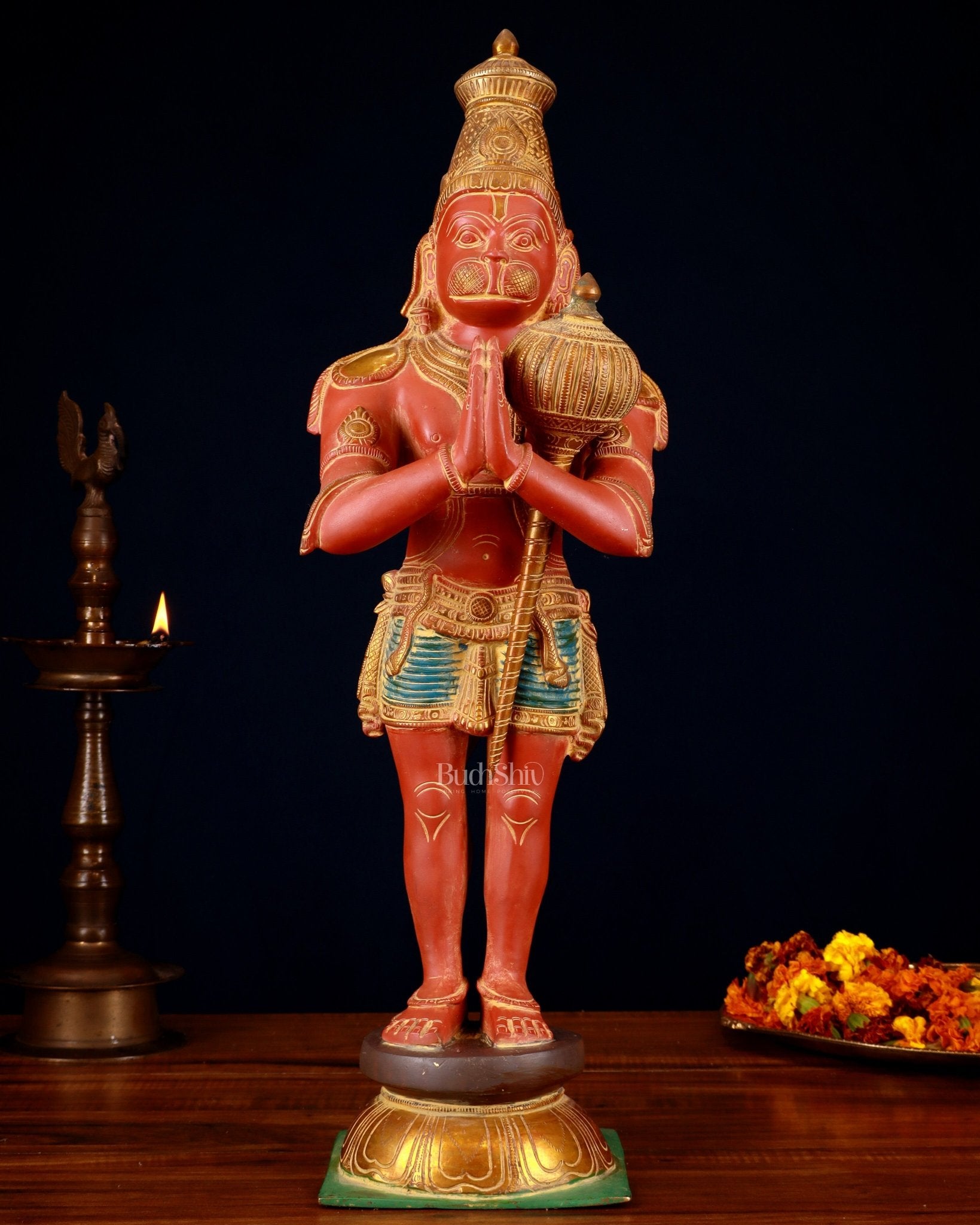 Brass Hanuman Statue in Namashkar Mudra | 21.5" Height | Red sand finish | 100% Certified Copper & Brass - Sama Homes Idol - Brass Sculpture - Eco-friendly - Sama Homes