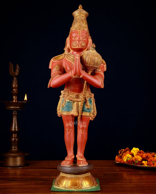 Brass Hanuman Statue in Namashkar Mudra | 21.5" Height | Red sand finish | 100% Certified Copper & Brass - Sama Homes Idol - Brass Sculpture