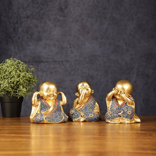 Brass Happy Baby monks set of 3 showpiece | 100% Certified Copper & Brass - Sama Homes Idol - Brass Sculpture