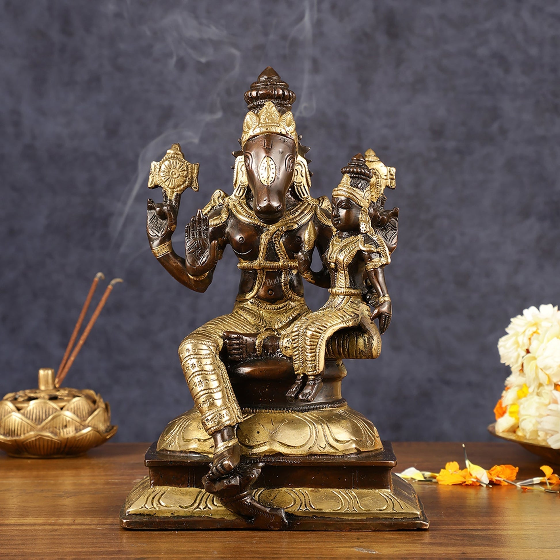 Brass Hayagriva Lakshmi idol 9" Antique duel tone | 100% Certified Copper & Brass - Sama Homes Idol - Brass Sculpture - Eco-friendly - Sama Homes