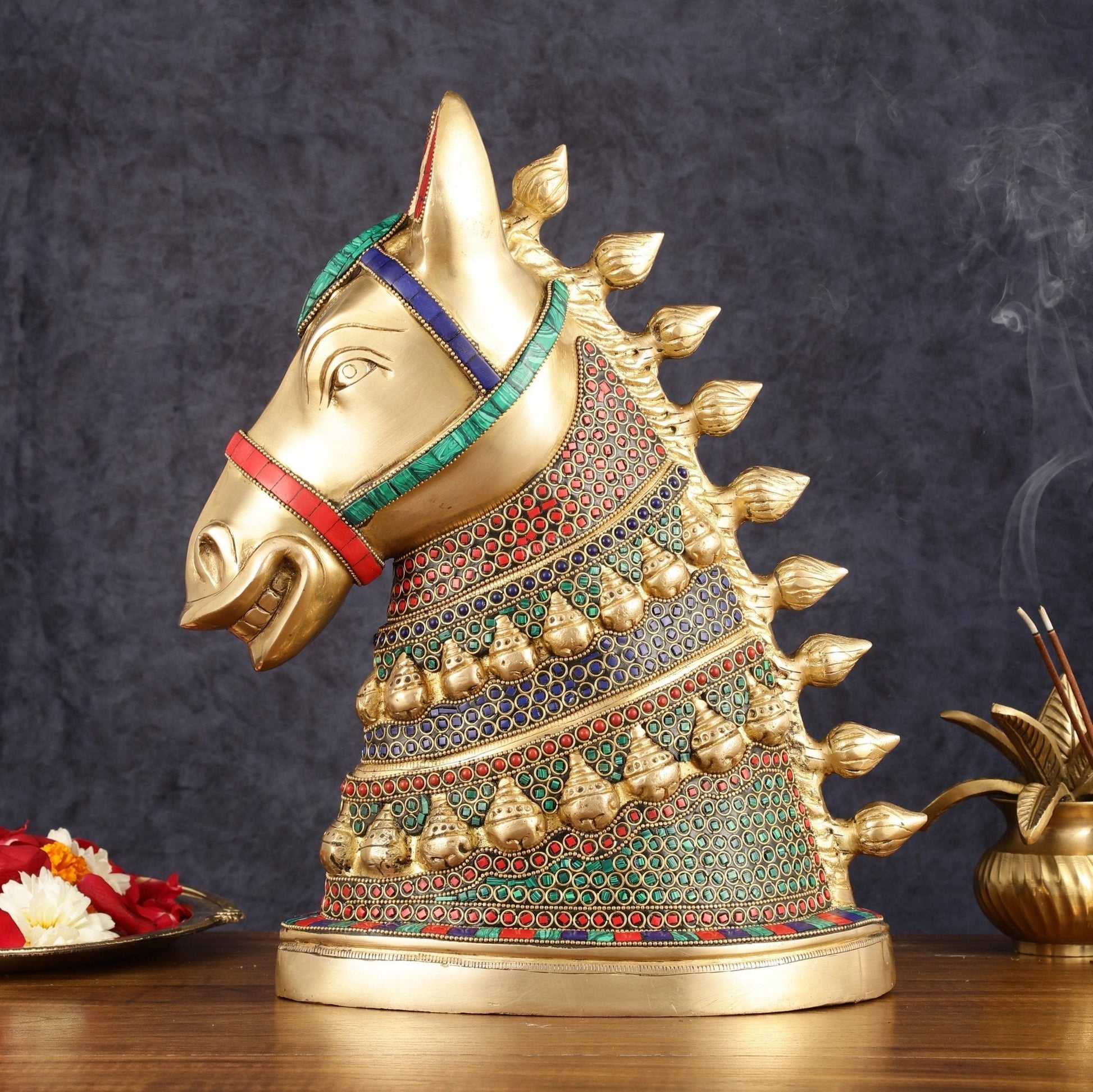 Brass Horse Head Sculpture with Meenakari - 14.5" | Exquisite Artistry - Eco-friendly - Sama Homes