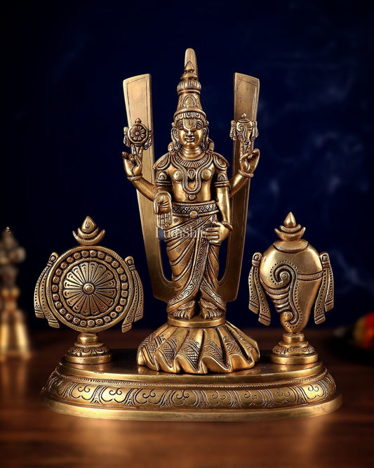 Brass Tirupati Balaji statue with Shankh Chakra | 14.5 Inch - Sama Homes Idol - Brass Sculpture