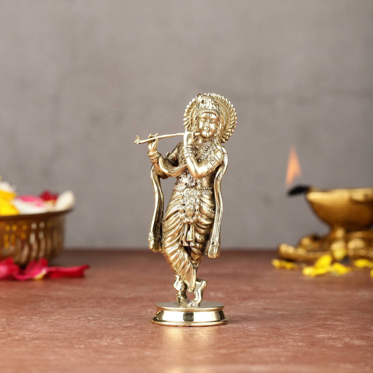 Brass Intricate Lord Krishna Small Idol | 4" | 100% Certified Copper & Brass - Sama Homes Idol - Brass Sculpture