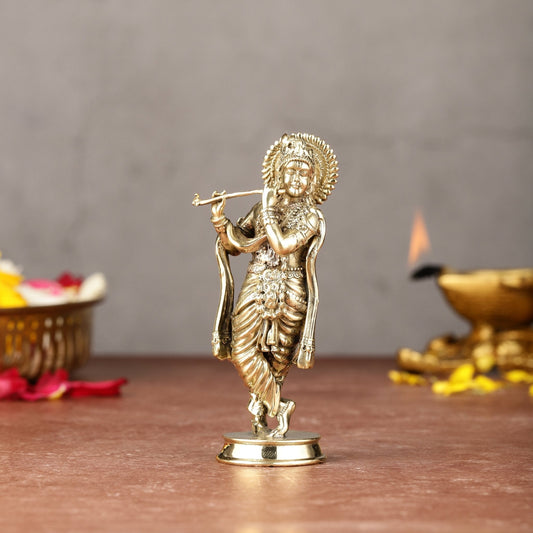 Brass Intricate Lord Krishna Small Idol | 4" | 100% Certified Copper & Brass - Sama Homes Idol - Brass Sculpture