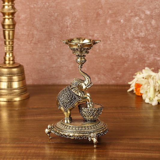 Brass Jumping Elephant Lamp Oil Diya | 6 Inch Height | 100% Certified Copper & Brass - Sama Homes Idol - Brass Sculpture