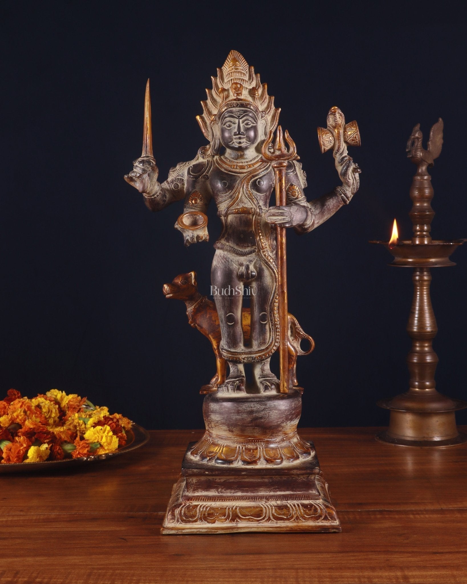 Brass Kaal Bhairava Statue with dog black stone finish 18 inch | 100% Certified Copper & Brass - Sama Homes Idol - Brass Sculpture - Eco-friendly - Sama Homes