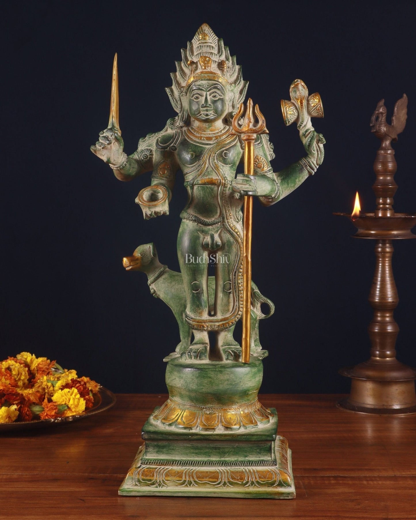 Brass Kaal Bhairava Statue with dog stone finish 18 inch | 100% Certified Copper & Brass - Sama Homes Idol - Brass Sculpture