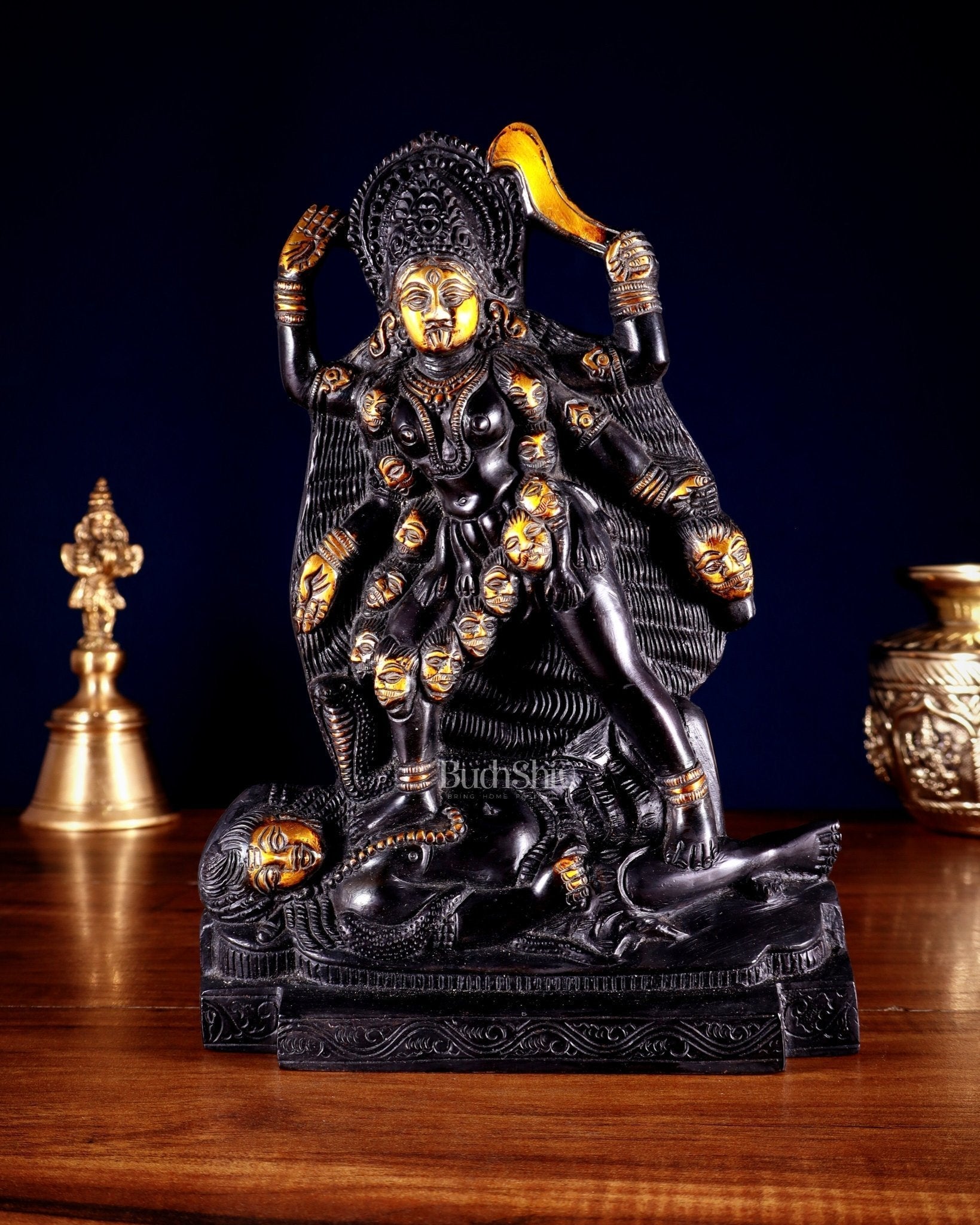 Brass Kali Ma Idol - 9.5 Inch Height | 100% Certified Copper & Brass - Sama Homes Idol - Brass Sculpture - Eco-friendly - Sama Homes