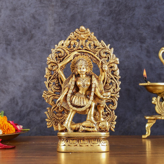 Brass kali mata idol with four arms 8 inch | 100% Certified Copper & Brass - Sama Homes Idol - Brass Sculpture