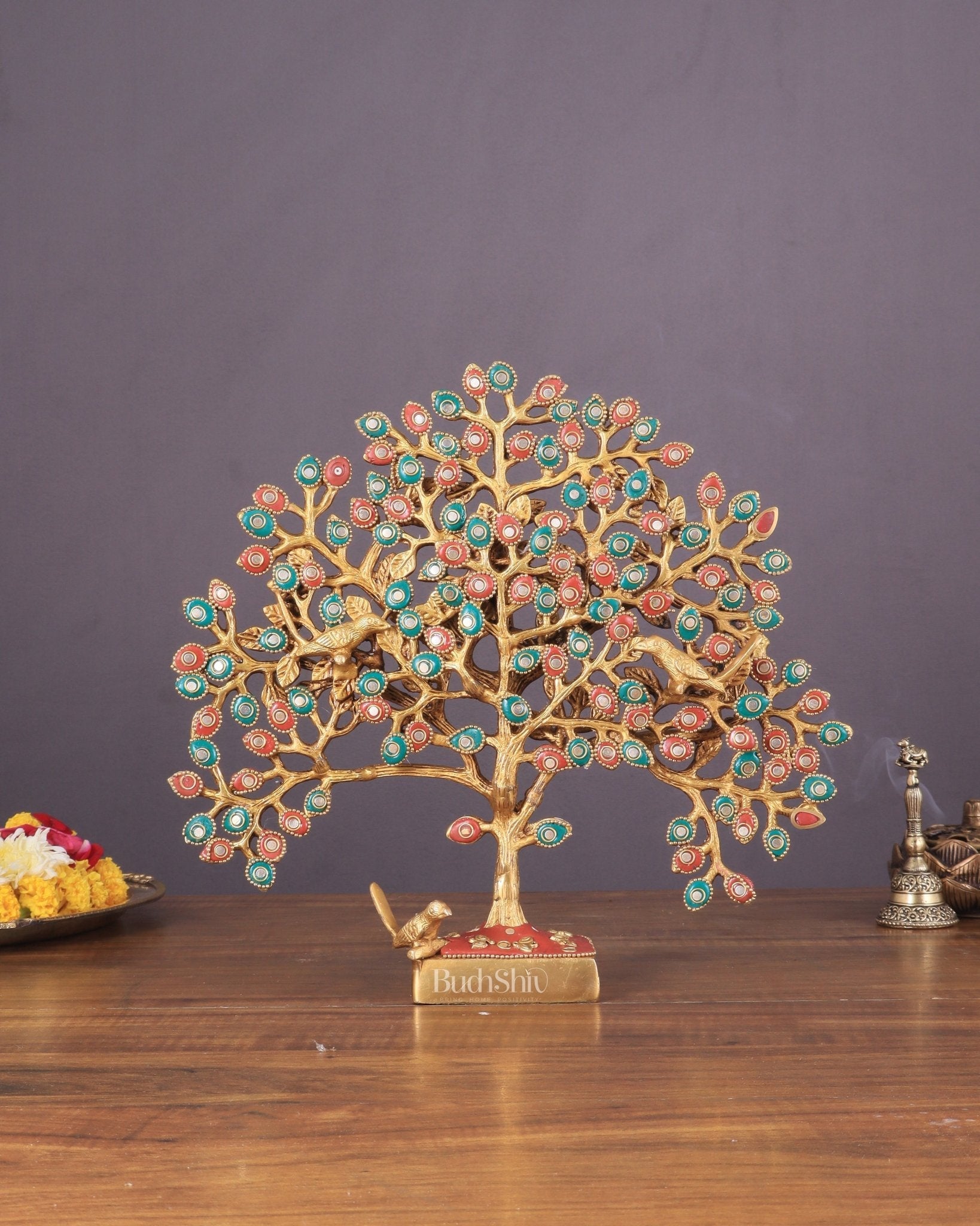 Brass Kalpavriksha tree for tables 11" stonework | 100% Certified Copper & Brass - Sama Homes Idol - Brass Sculpture - Eco-friendly - Sama Homes