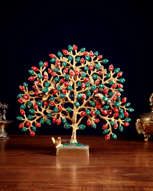 Brass Kalpavriksha tree for tables 11" stonework | 100% Certified Copper & Brass - Sama Homes Idol - Brass Sculpture