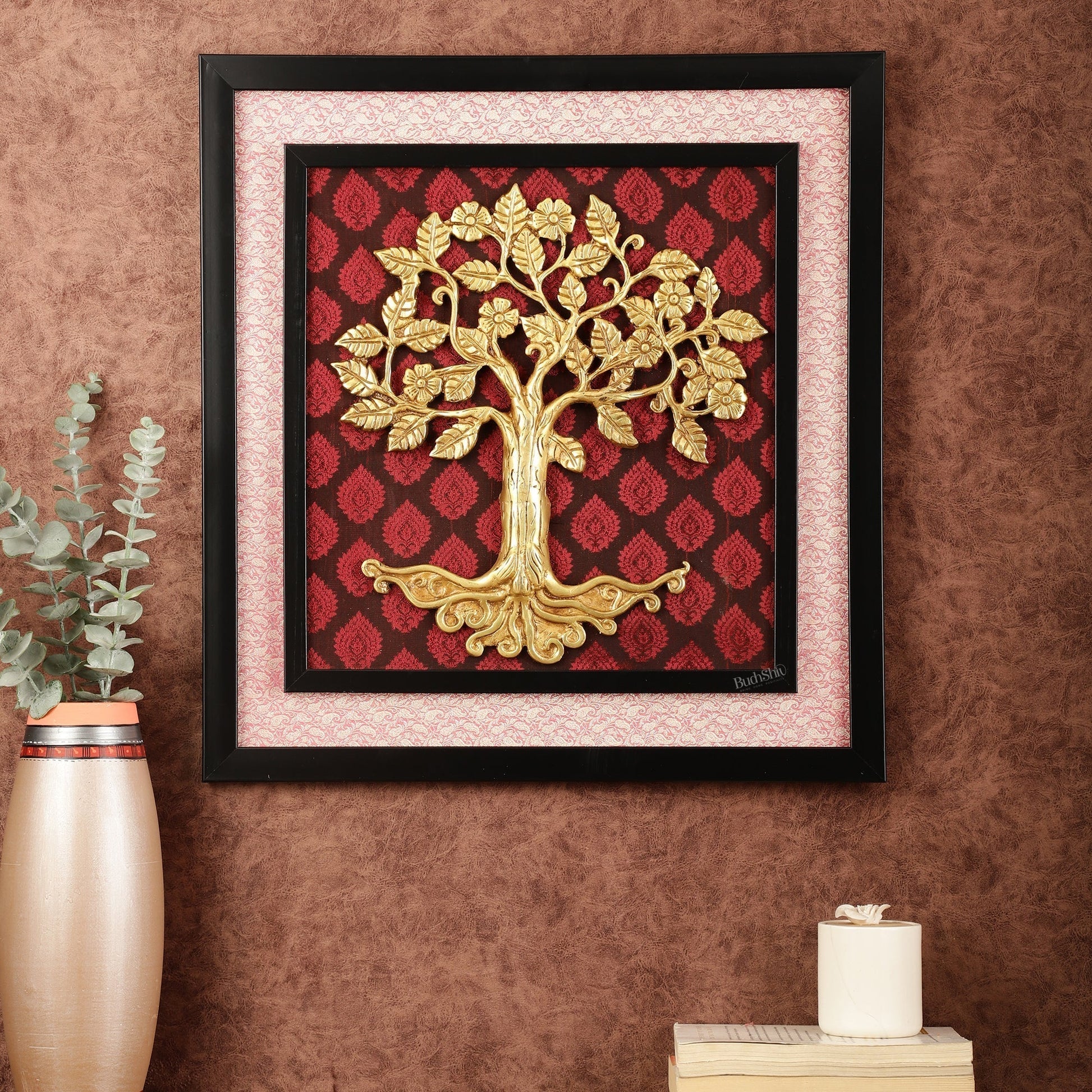 Brass Kalpavriksha Tree Hanging on Wooden Frame with Premium Fabric - 20" x 18.5" | 100% Certified Copper & Brass - Sama Homes Idol - Brass Sculpture - Eco-friendly - Sama Homes