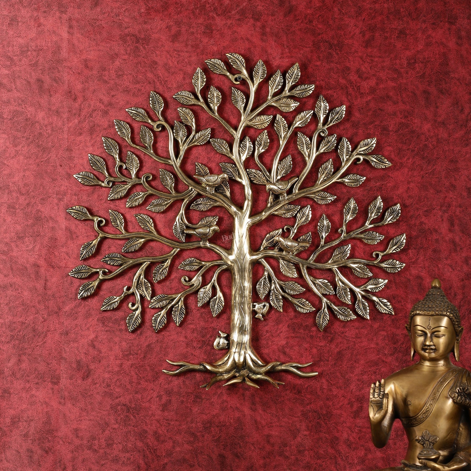Brass Kalpavriksha Tree with birds wall hanging 20 inch - Eco-friendly - Sama Homes