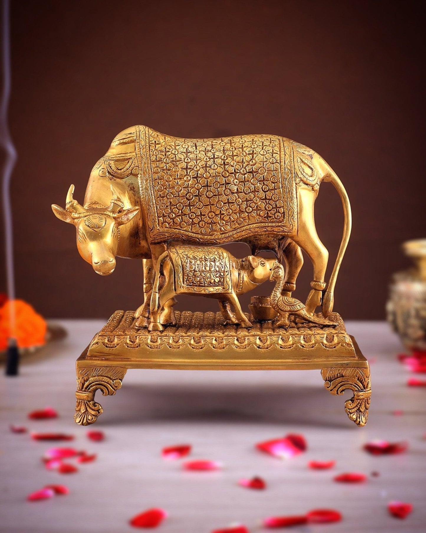 Brass Kamadhenu cow and calf idol| 10"