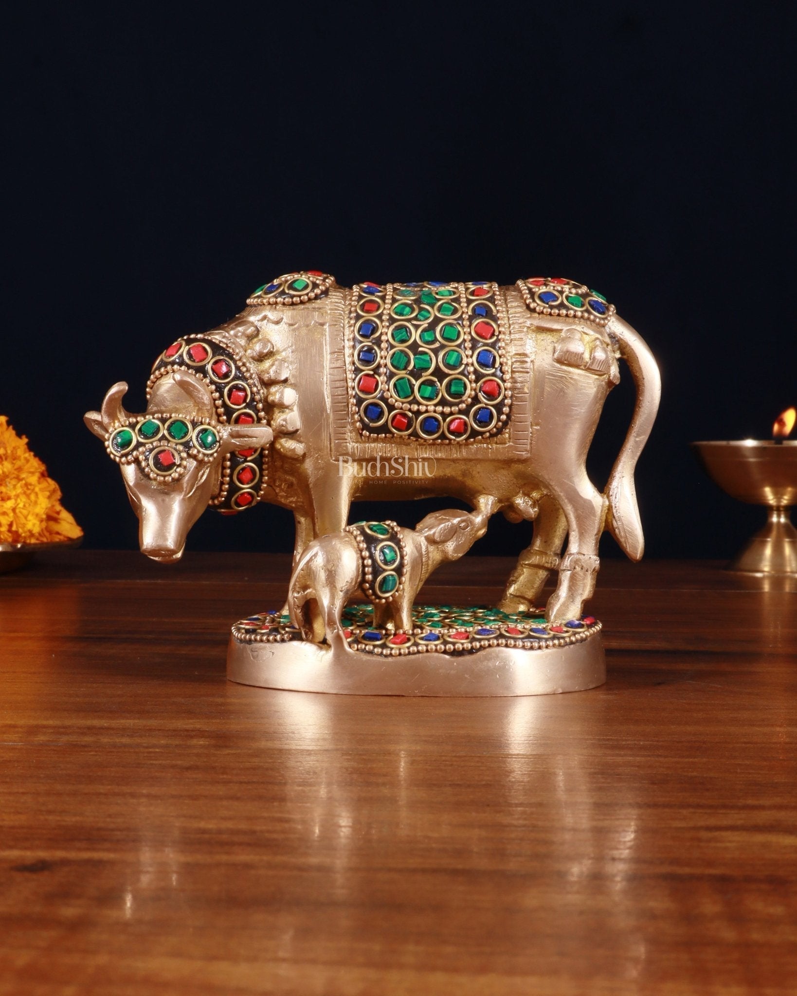 Brass Kamdhenu Cow with Calf Idol – 3.8 Inch with stonework - Eco-friendly - Sama Homes