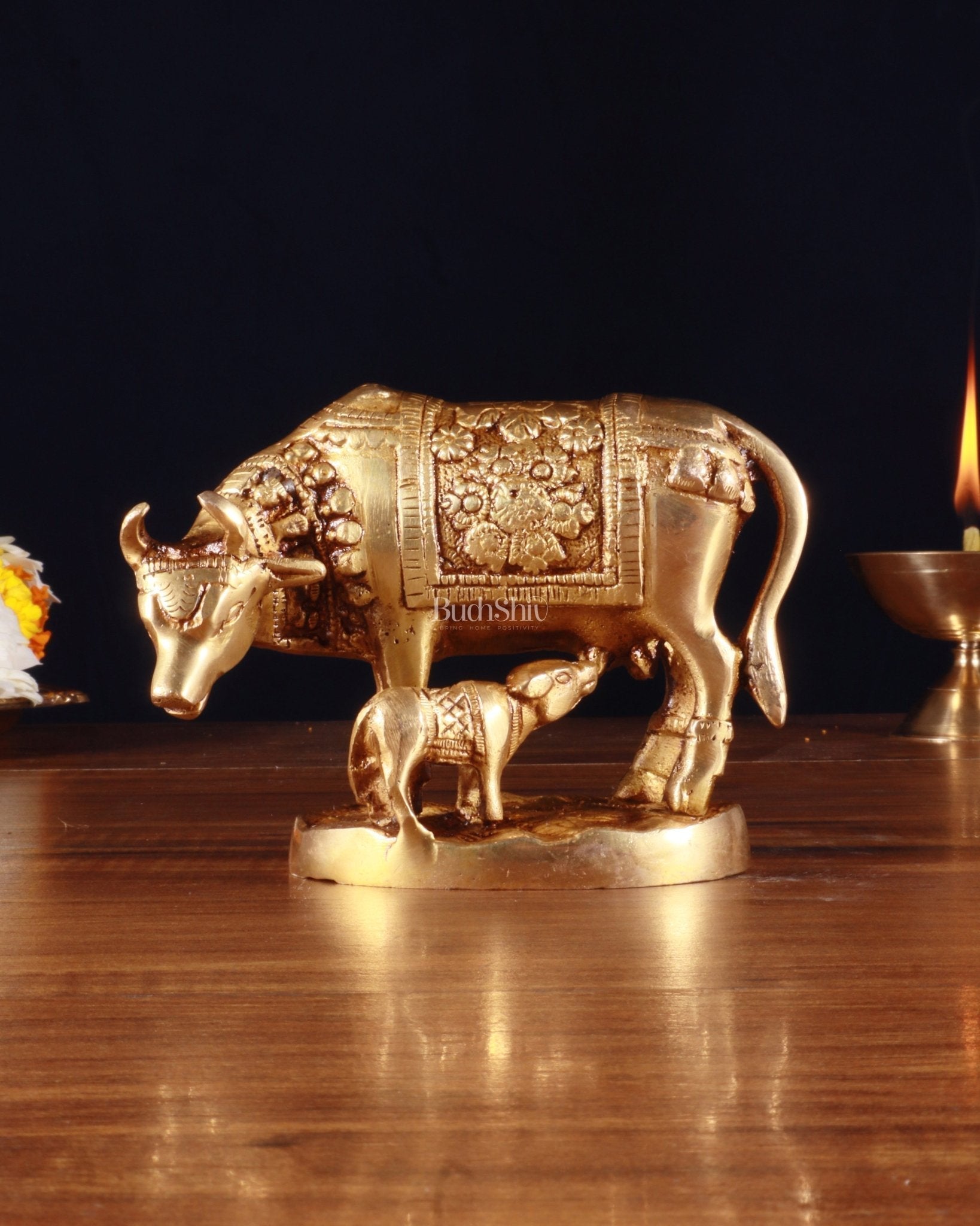 Brass Kamdhenu Cow with Calf Idol – 3.8 Inch - Eco-friendly - Sama Homes