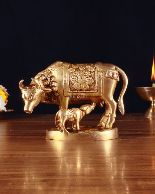 Brass Kamdhenu Cow with Calf Idol – 3.8 Inch