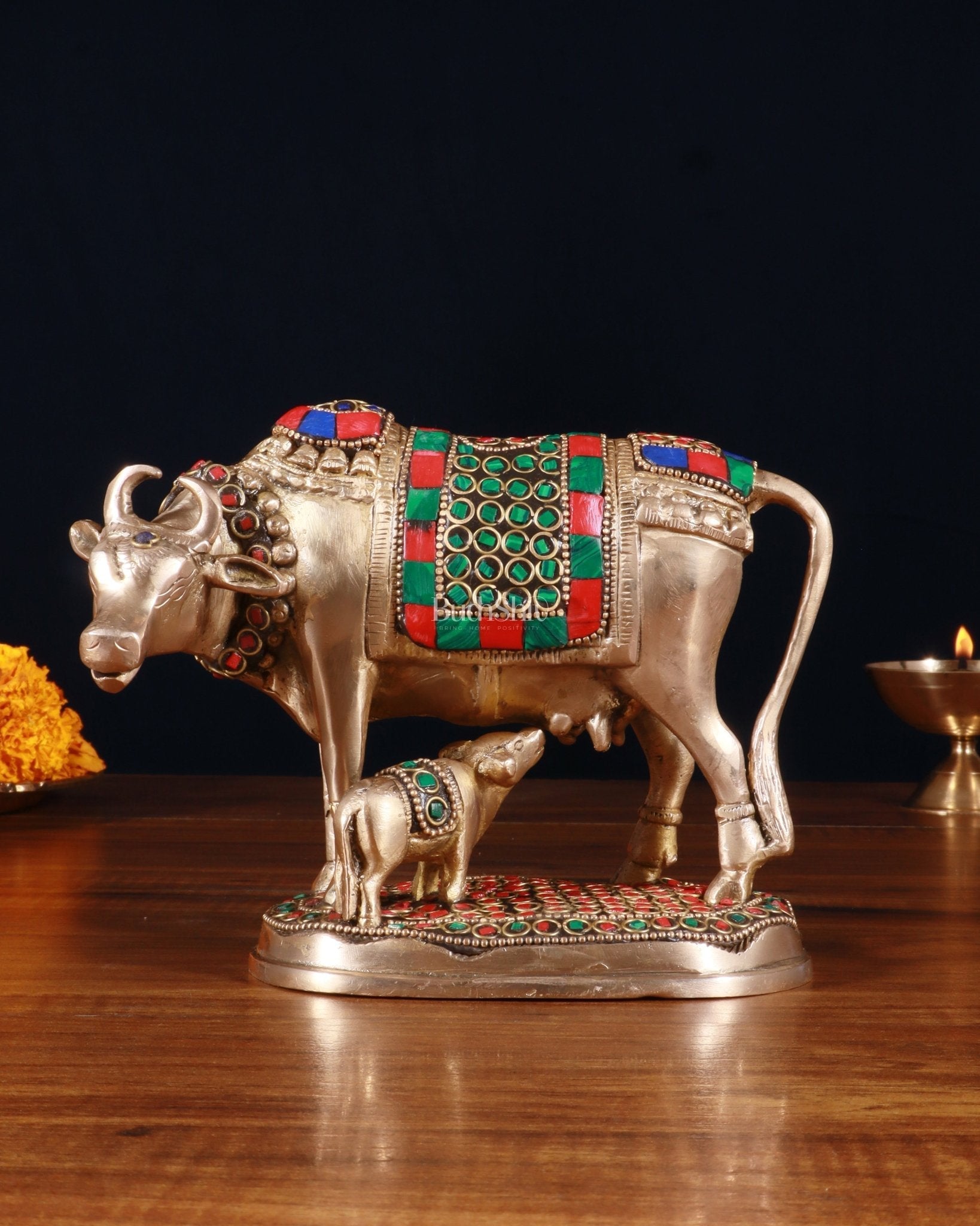 Brass Kamdhenu Cow with Calf Idol – 5" with stonework - Eco-friendly - Sama Homes