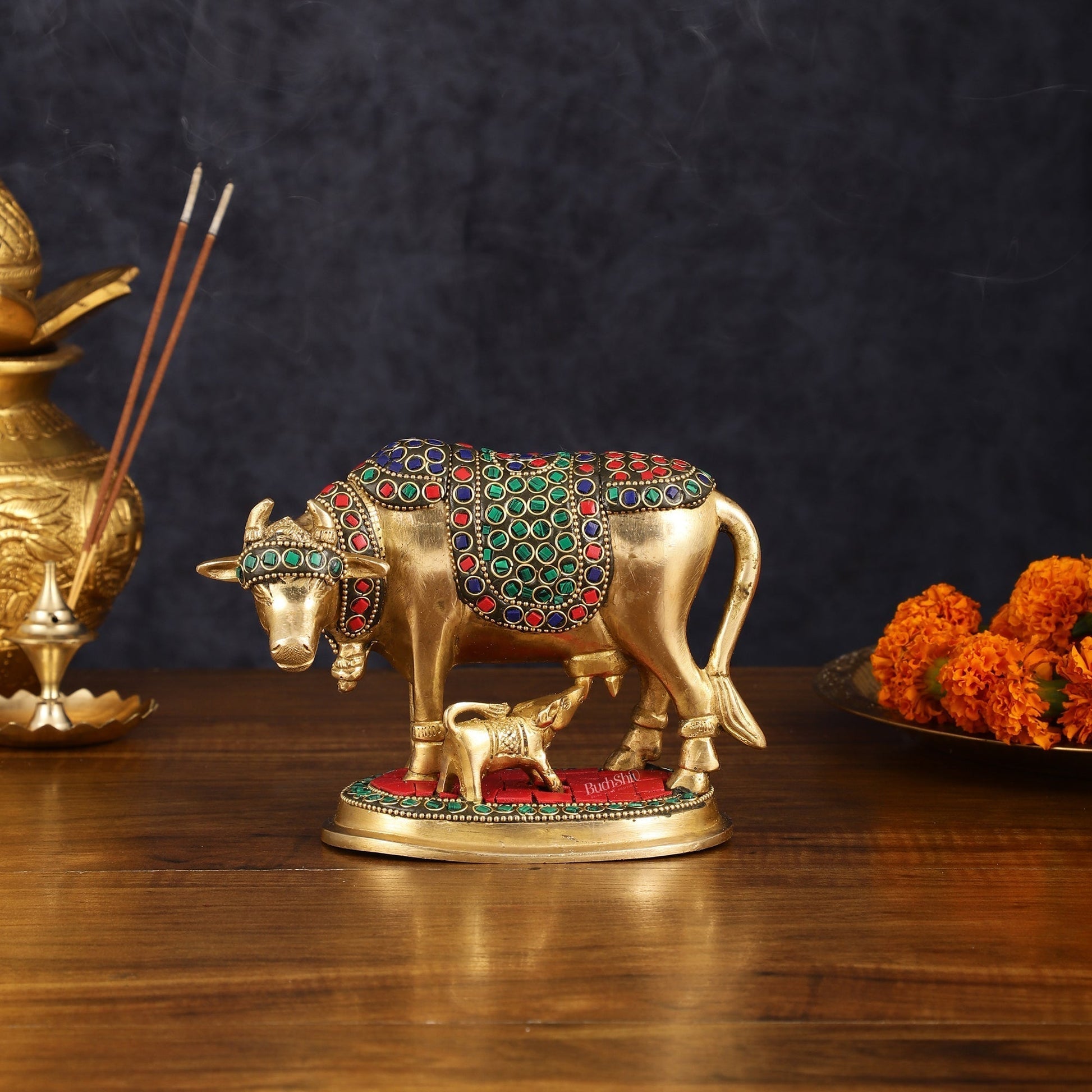 Brass Kamdhenu Cow with Calf Statue - Meenakari Stonework - Eco-friendly - Sama Homes
