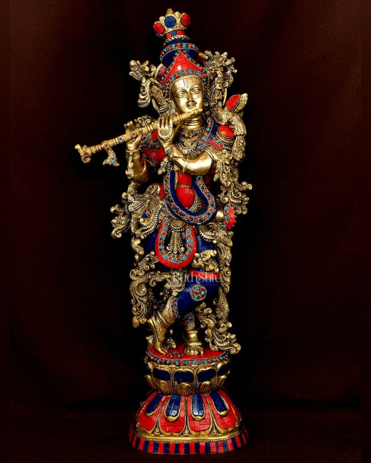 Brass Krishna Idol 30 inch meenakari | 100% Certified Copper & Brass - Sama Homes Idol - Brass Sculpture