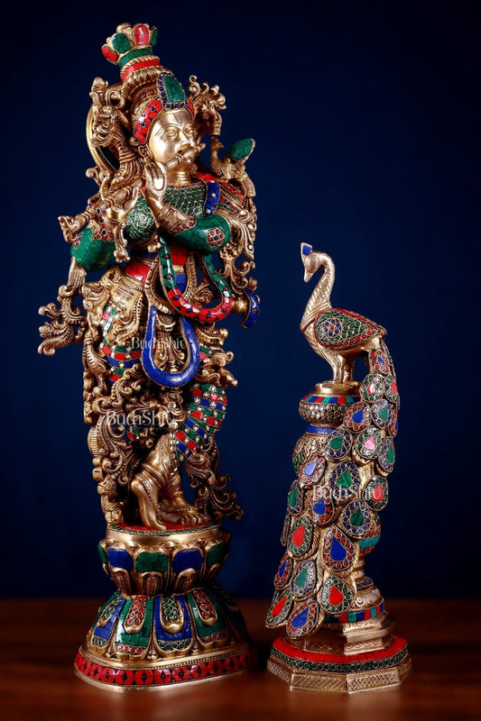 Brass Krishna Idol & Large Peacock Showpiece with meenakari Stonework | 100% Certified Copper & Brass - Sama Homes Idol - Brass Sculpture