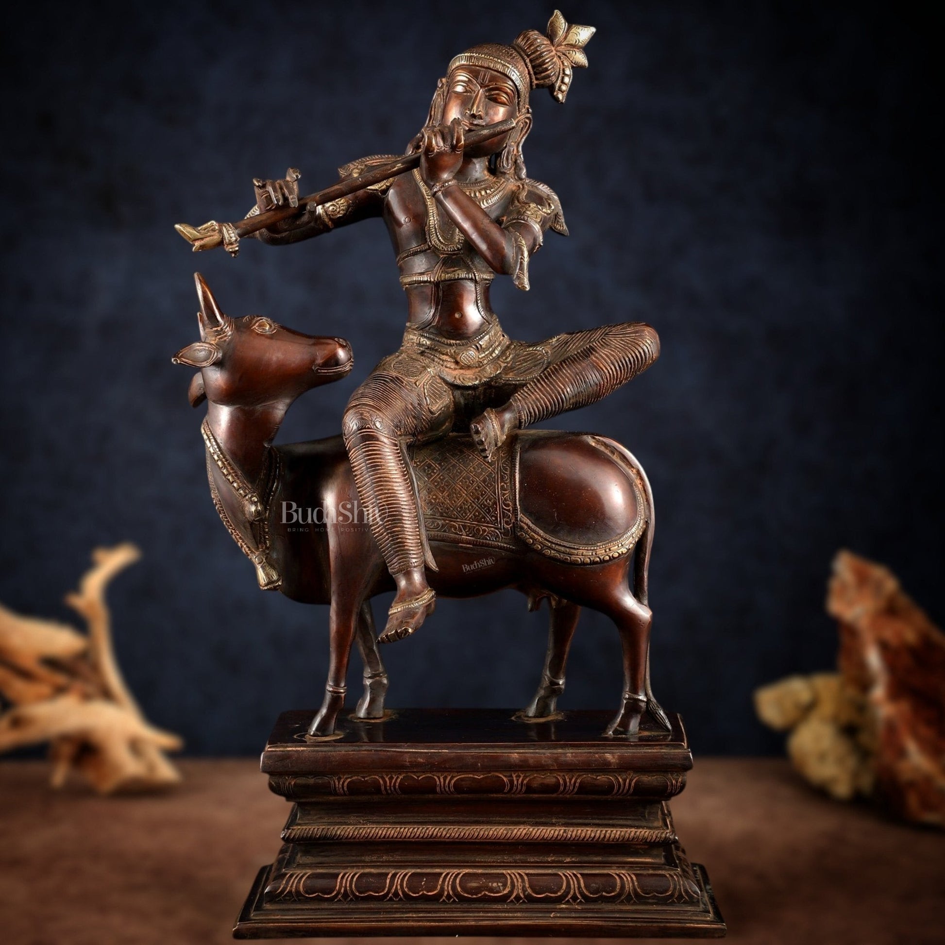 Brass Krishna Seated on Cow Statue Vintage Copper tone  | 21" | 100% Certified Copper & Brass - Sama Homes Idol - Brass Sculpture - Eco-friendly - Sama Homes