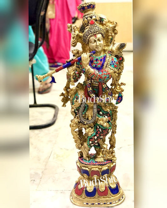 Sama Homes-brass krishna statue 29 inches studded with natural stones handcrafted in india